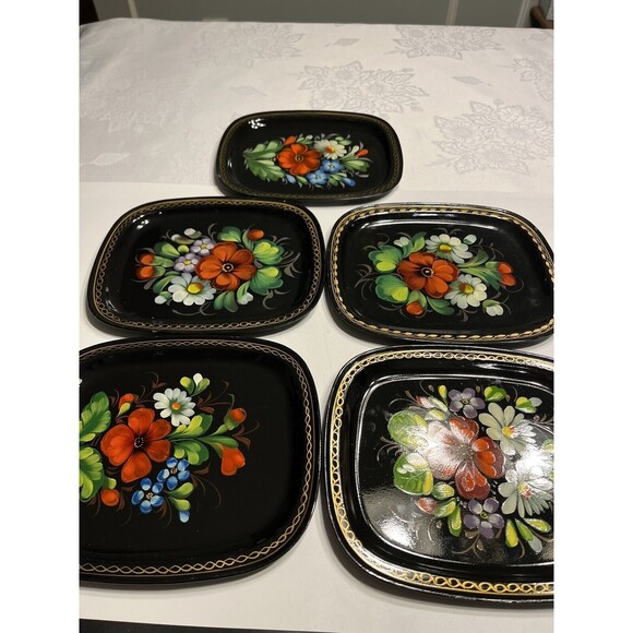 Zhostovo Other - 5 Vintage Zhostovo Soviet Russian Hand Painted Flowers Toleware Trays Yeha 8x6”